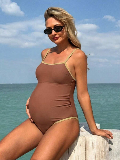 Elegant Navy Blue Monochrome Maternity One-Piece Swimsuit - Backless Colorblock Resort Beachwear with High Stretch