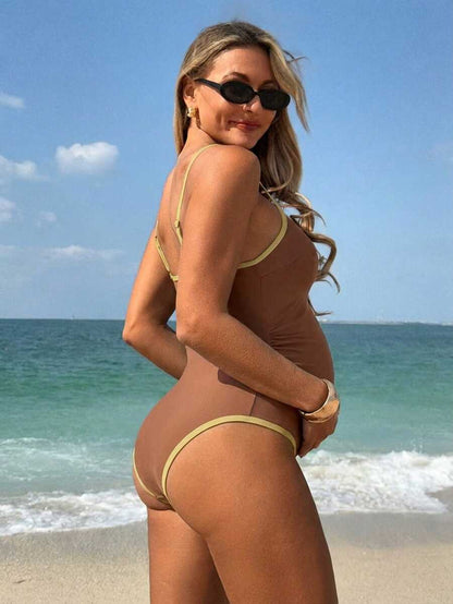 Elegant Navy Blue Monochrome Maternity One-Piece Swimsuit - Backless Colorblock Resort Beachwear with High Stretch