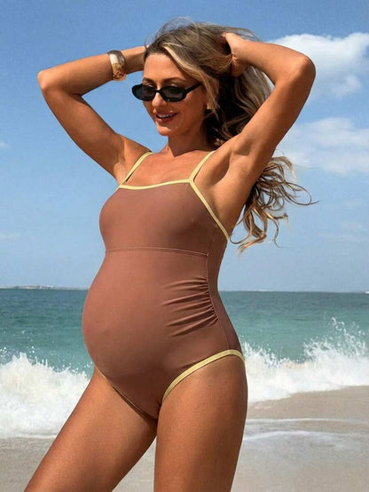 Elegant Navy Blue Monochrome Maternity One-Piece Swimsuit - Backless Colorblock Resort Beachwear with High Stretch