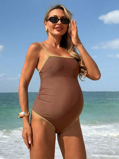 Elegant Navy Blue Monochrome Maternity One-Piece Swimsuit - Backless Colorblock Resort Beachwear with High Stretch