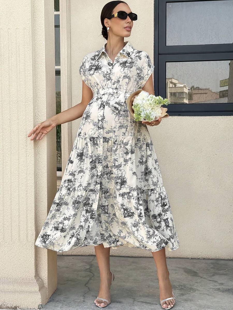 Maternity Allover Print Batwing Sleeve Belted Shirt Dress - Elegant Monochrome Tiered Hem Gown for Work, Vacation, and Summer Events