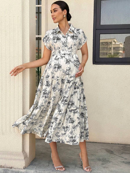 Maternity Allover Print Batwing Sleeve Belted Shirt Dress - Elegant Monochrome Tiered Hem Gown for Work, Vacation, and Summer Events
