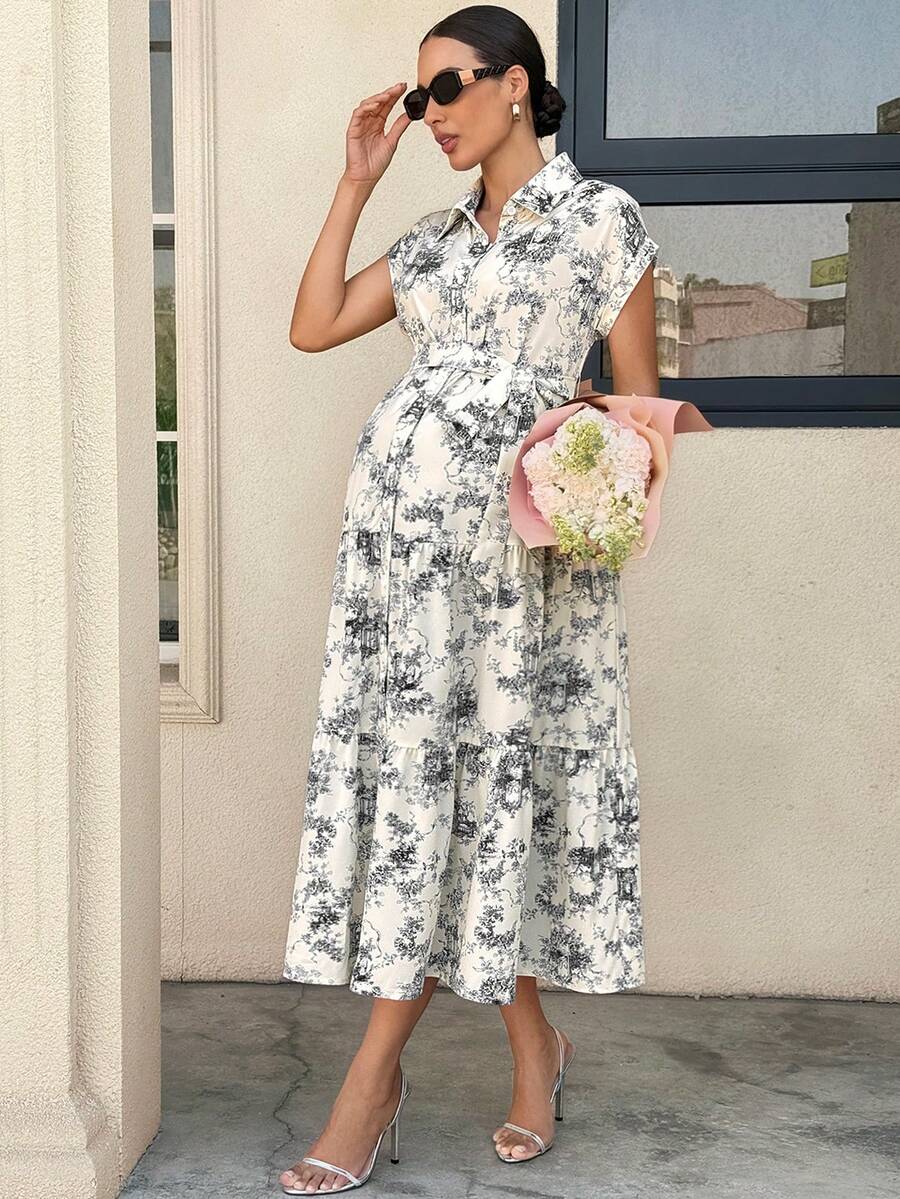 Maternity Allover Print Batwing Sleeve Belted Shirt Dress - Elegant Monochrome Tiered Hem Gown for Work, Vacation, and Summer Events