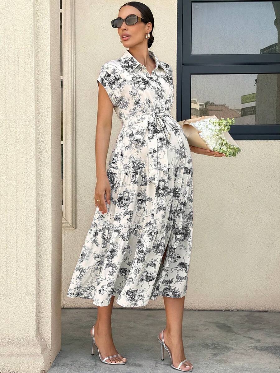 Maternity Allover Print Batwing Sleeve Belted Shirt Dress - Elegant Monochrome Tiered Hem Gown for Work, Vacation, and Summer Events