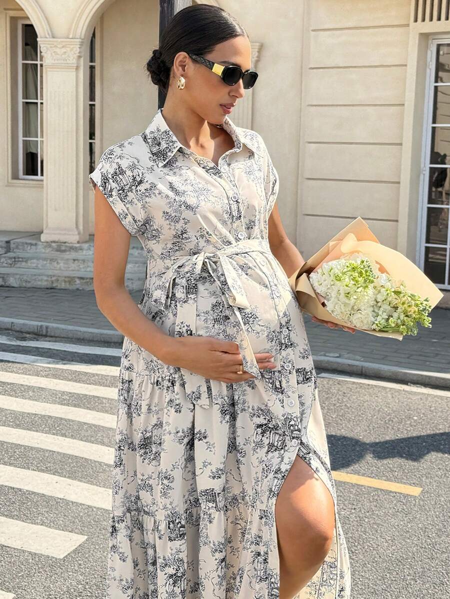 Maternity Allover Print Batwing Sleeve Belted Shirt Dress - Elegant Monochrome Tiered Hem Gown for Work, Vacation, and Summer Events