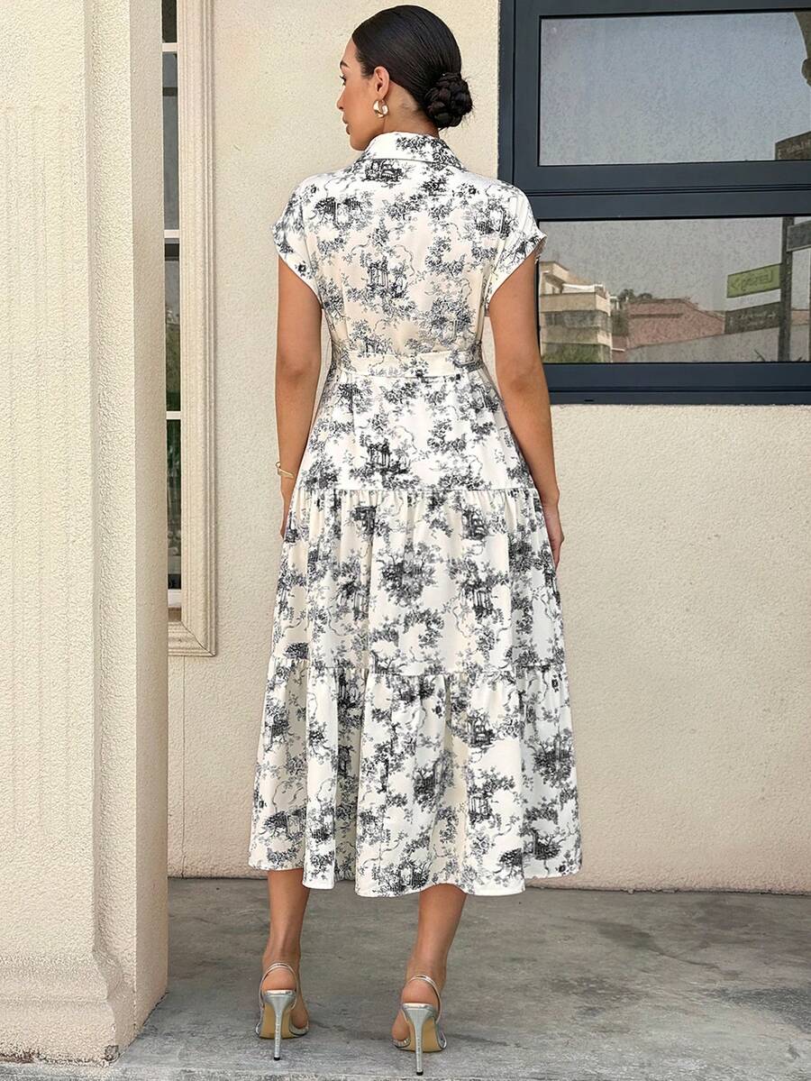 Maternity Allover Print Batwing Sleeve Belted Shirt Dress - Elegant Monochrome Tiered Hem Gown for Work, Vacation, and Summer Events