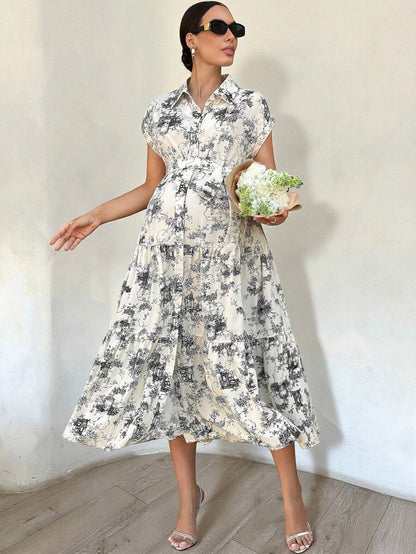 Maternity Allover Print Batwing Sleeve Belted Shirt Dress - Elegant Monochrome Tiered Hem Gown for Work, Vacation, and Summer Events