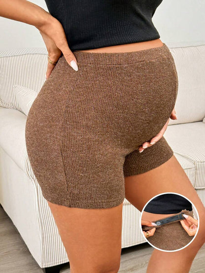 Maternity Brown Ribbed Shorts - Adjustable Waist Casual Knit Mid-Thigh Fit