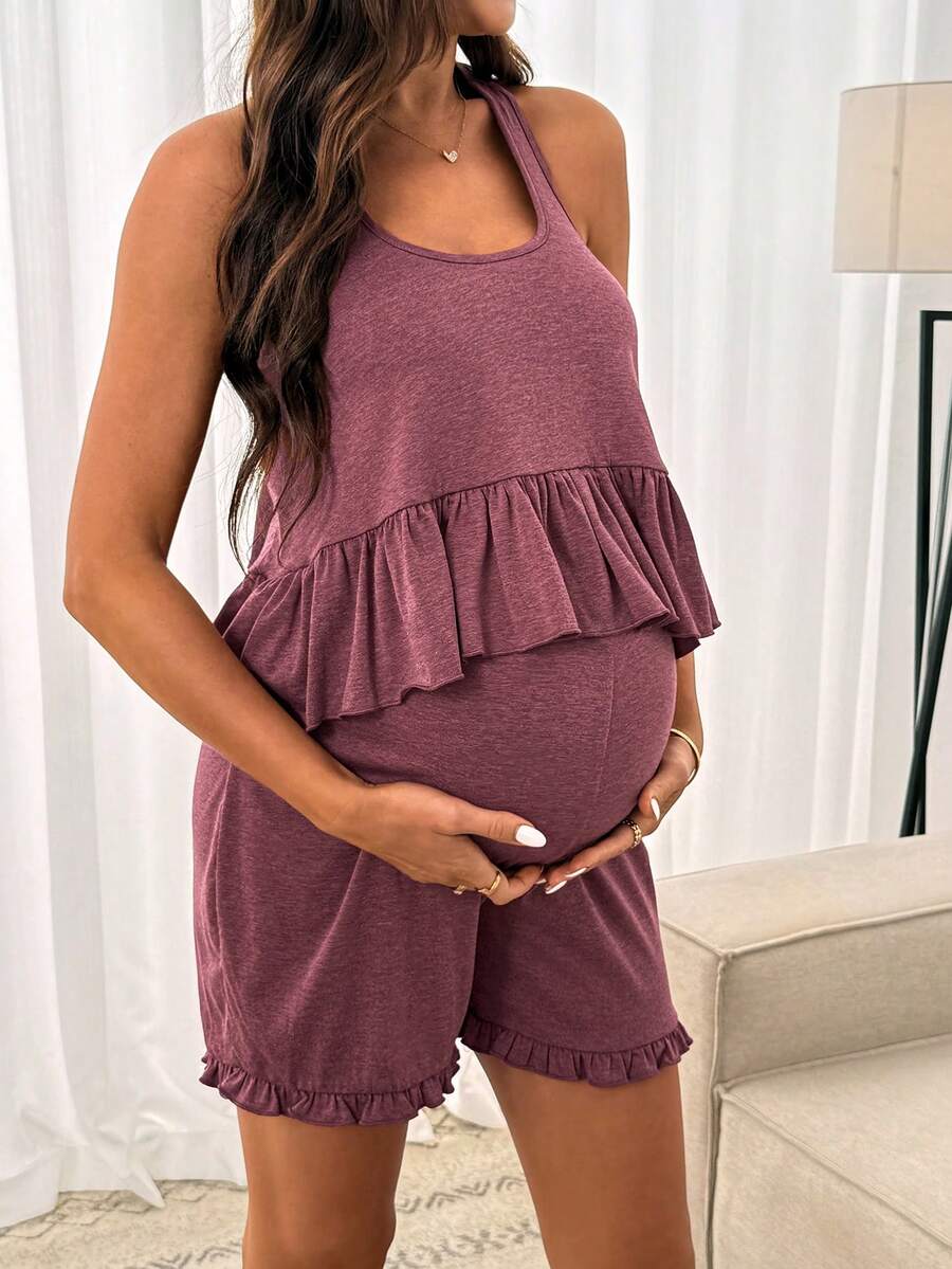 2 Piece Maternity Casual Camisole and Frill Trim Shorts Set Redwood Slim Fit Medium Stretch Lingerie Loungewear Pajama Set