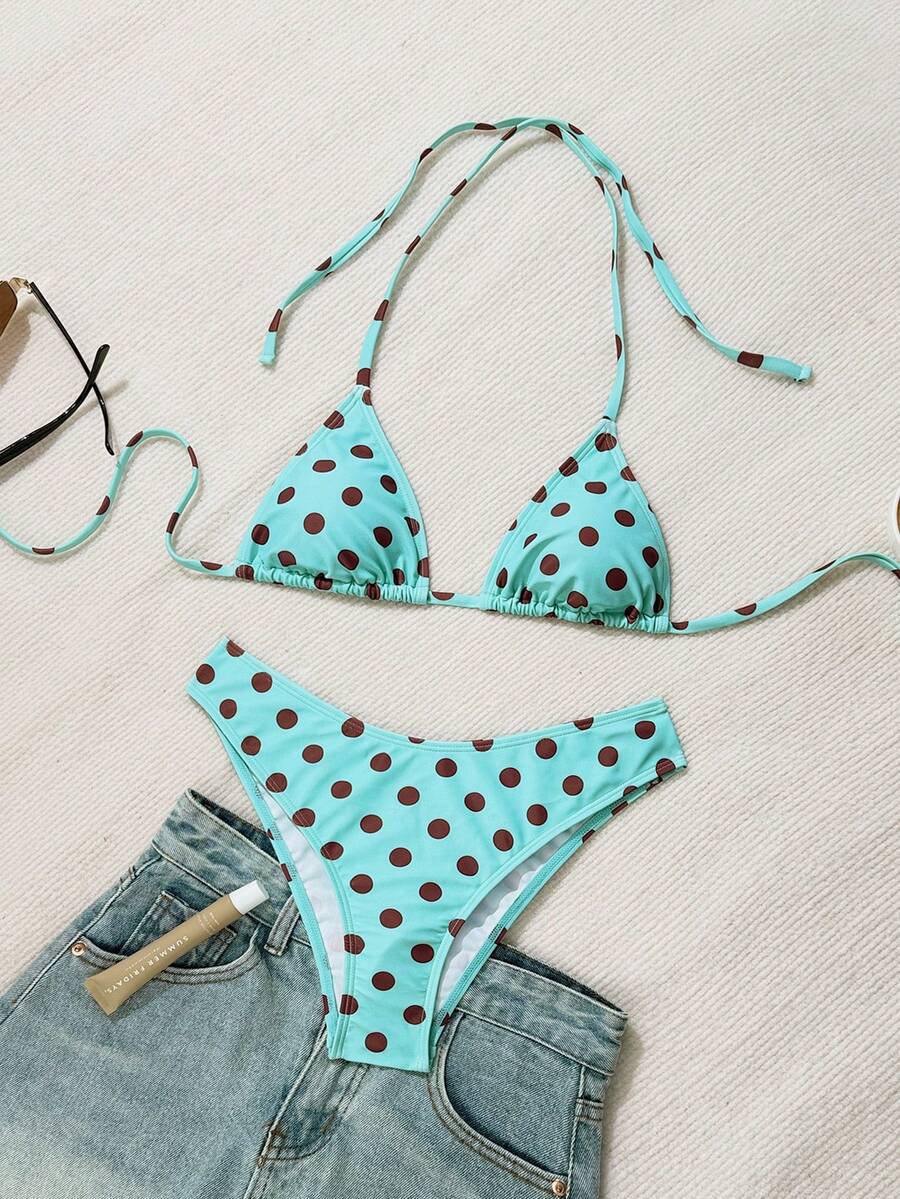 Swim Vcay 2026 Spring/Summer Women's Spaghetti Strap Halter Neck Black Base White Polka Dot Random Print Sweet Cute Side High Cut Bikini Swimwear 2-Piece Set Vacation Bikini Set Pink Bikini Set High Leg Bikini Set Modest Bikini Set Bikini Set