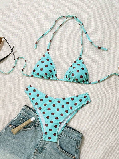 Swim Vcay 2026 Spring/Summer Women's Spaghetti Strap Halter Neck Black Base White Polka Dot Random Print Sweet Cute Side High Cut Bikini Swimwear 2-Piece Set Vacation Bikini Set Pink Bikini Set High Leg Bikini Set Modest Bikini Set Bikini Set