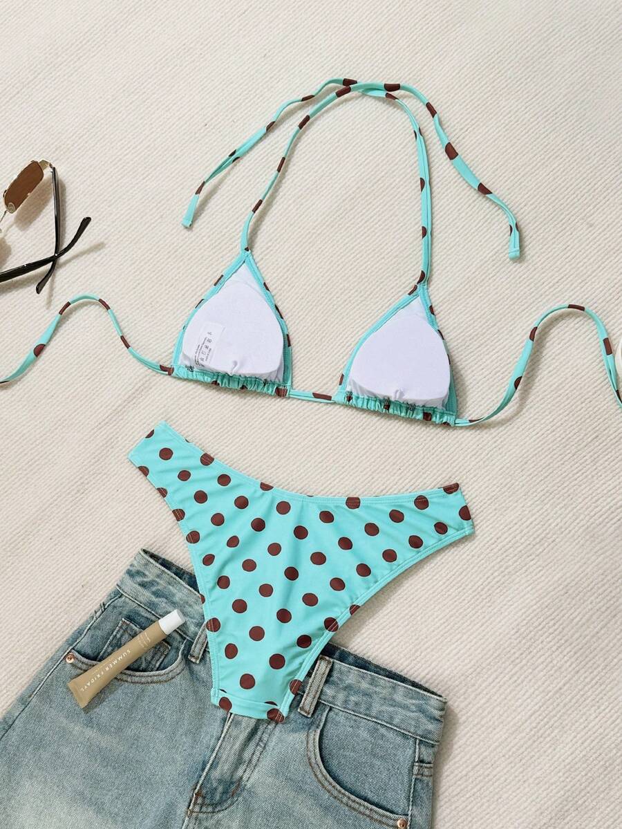 Swim Vcay 2026 Spring/Summer Women's Spaghetti Strap Halter Neck Black Base White Polka Dot Random Print Sweet Cute Side High Cut Bikini Swimwear 2-Piece Set Vacation Bikini Set Pink Bikini Set High Leg Bikini Set Modest Bikini Set Bikini Set