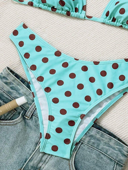 Swim Vcay 2026 Spring/Summer Women's Spaghetti Strap Halter Neck Black Base White Polka Dot Random Print Sweet Cute Side High Cut Bikini Swimwear 2-Piece Set Vacation Bikini Set Pink Bikini Set High Leg Bikini Set Modest Bikini Set Bikini Set