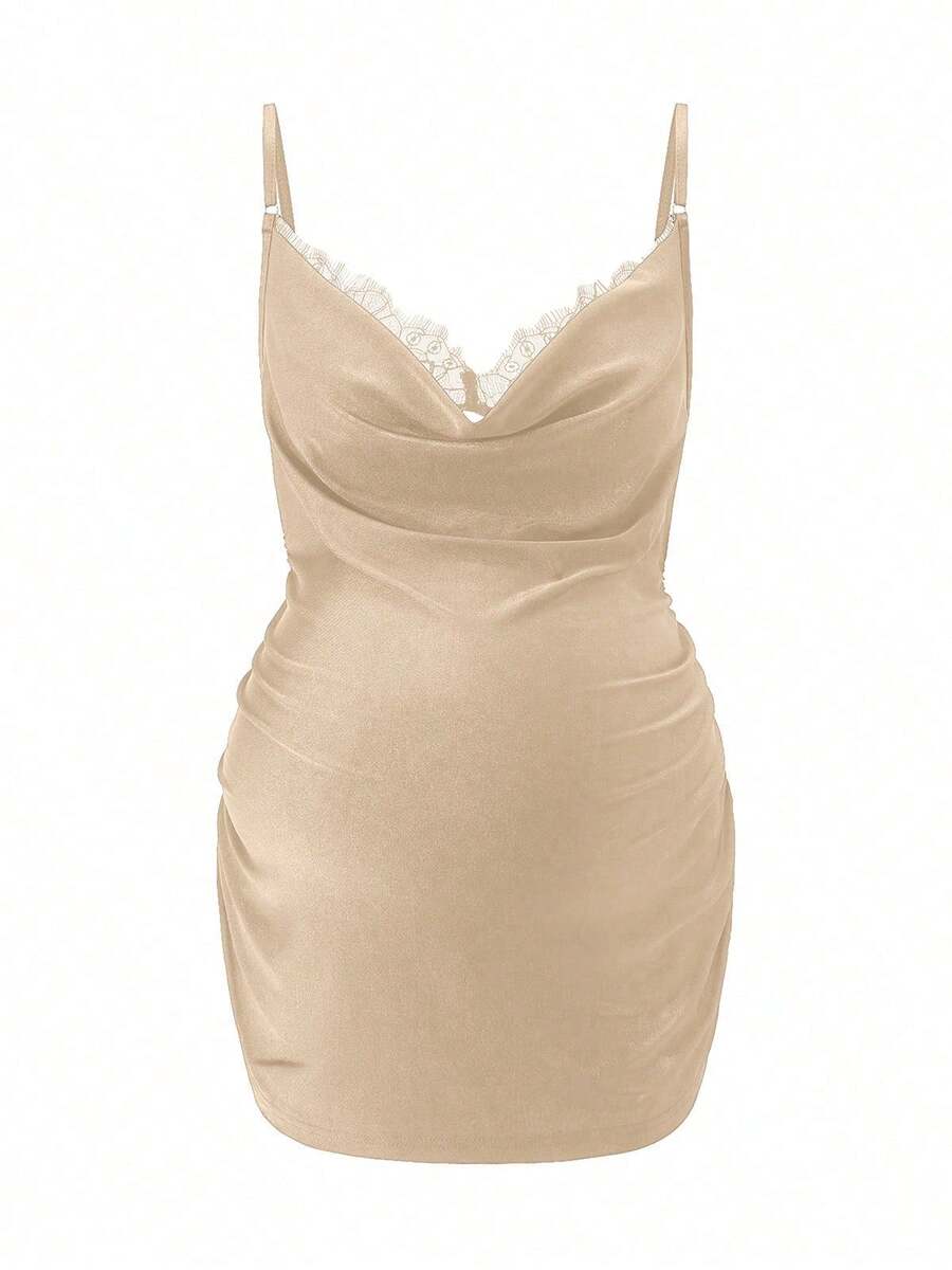 Apricot Cowl Neck Maternity Cami - Sexy Lace Detail Asymmetrical Spaghetti Strap Camisole - Lightweight Cold Shoulder Night Out Top