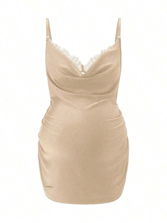 Apricot Cowl Neck Maternity Cami - Sexy Lace Detail Asymmetrical Spaghetti Strap Camisole - Lightweight Cold Shoulder Night Out Top
