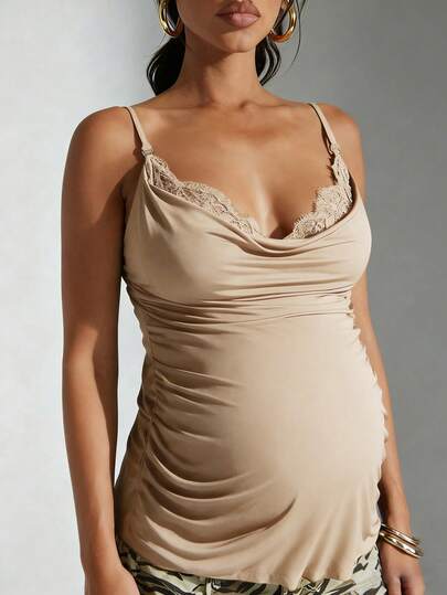 Apricot Cowl Neck Maternity Cami - Sexy Lace Detail Asymmetrical Spaghetti Strap Camisole - Lightweight Cold Shoulder Night Out Top