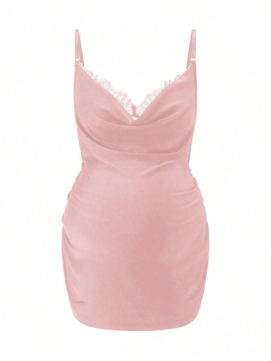Apricot Cowl Neck Maternity Cami - Sexy Lace Detail Asymmetrical Spaghetti Strap Camisole - Lightweight Cold Shoulder Night Out Top