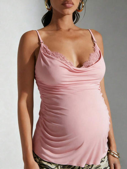 Apricot Cowl Neck Maternity Cami - Sexy Lace Detail Asymmetrical Spaghetti Strap Camisole - Lightweight Cold Shoulder Night Out Top