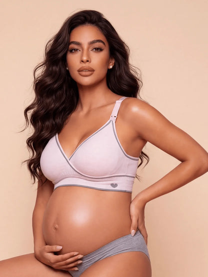 Pink Front-Open Seamless Wireless Nursing Bra - High Stretch Push Up Maternity Bralette for Breastfeeding and Pregnancy Support