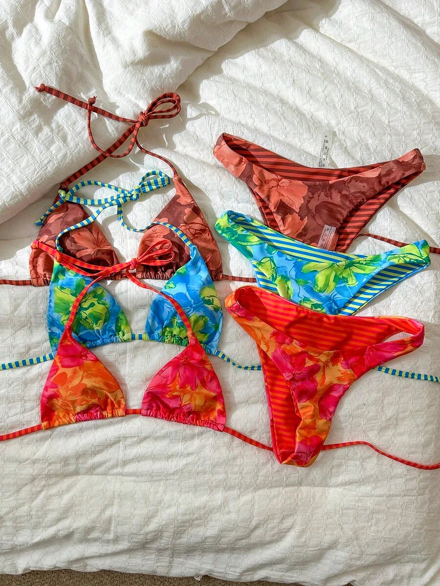 Swim Vcay Women's Tropical Floral Halter Neck Backless Sexy Bikini Set For Beach Vacation For Summer Rave Lollapalooza