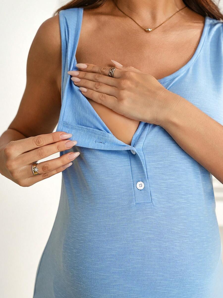 Baby Blue Sleeveless Nursing Dress - Slim Fit Knit Maternity Cami Mini Dress with Scoop Neck and Button Front Detail