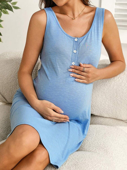 Baby Blue Sleeveless Nursing Dress - Slim Fit Knit Maternity Cami Mini Dress with Scoop Neck and Button Front Detail