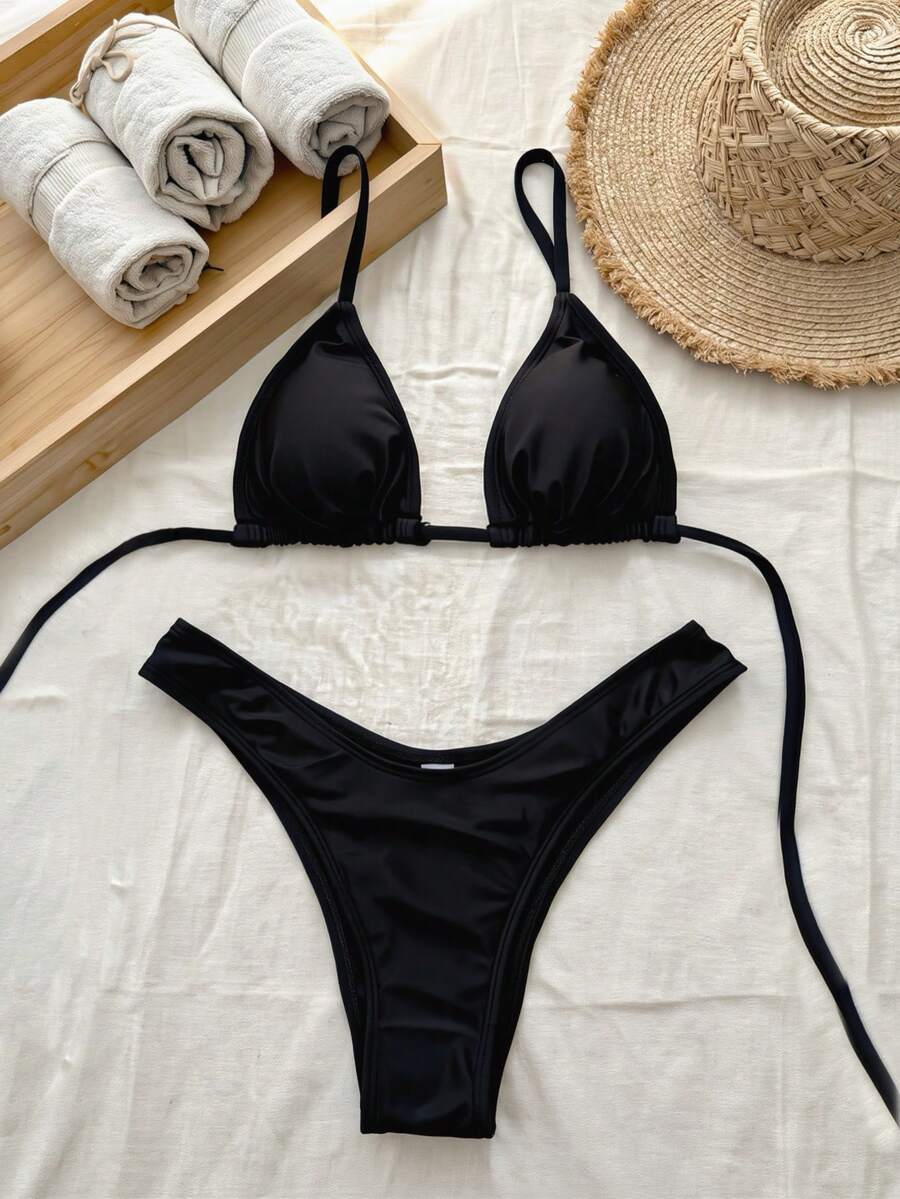 Women's Halter Triangle Bikini Set - Backless, High Waist, High Cut, Black