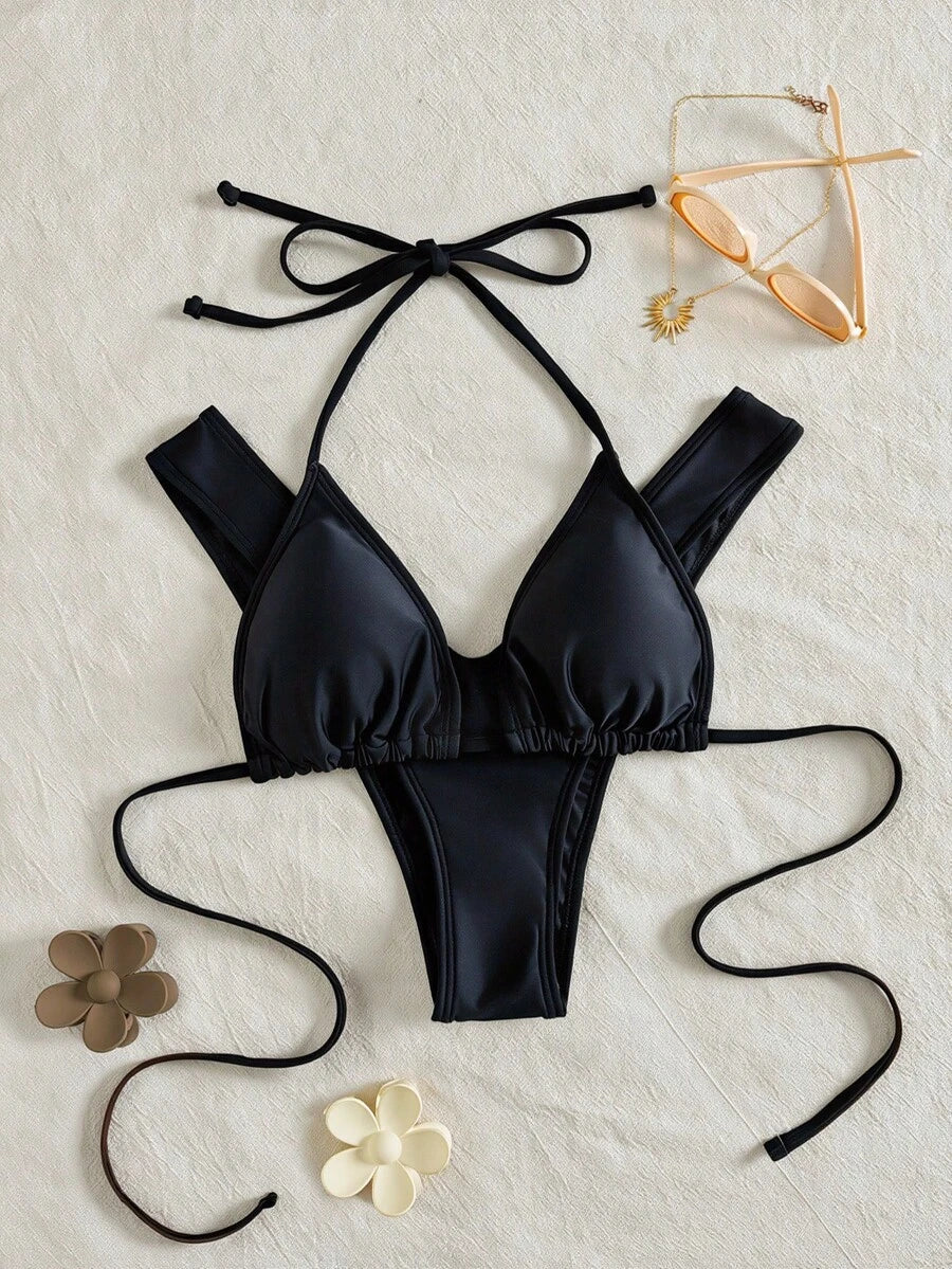 Women's Halter Triangle Bikini Set - Backless, High Waist, High Cut, Black