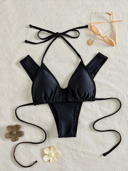 Women's Halter Triangle Bikini Set - Backless, High Waist, High Cut, Black