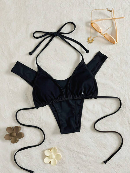 Women's Halter Triangle Bikini Set - Backless, High Waist, High Cut, Black