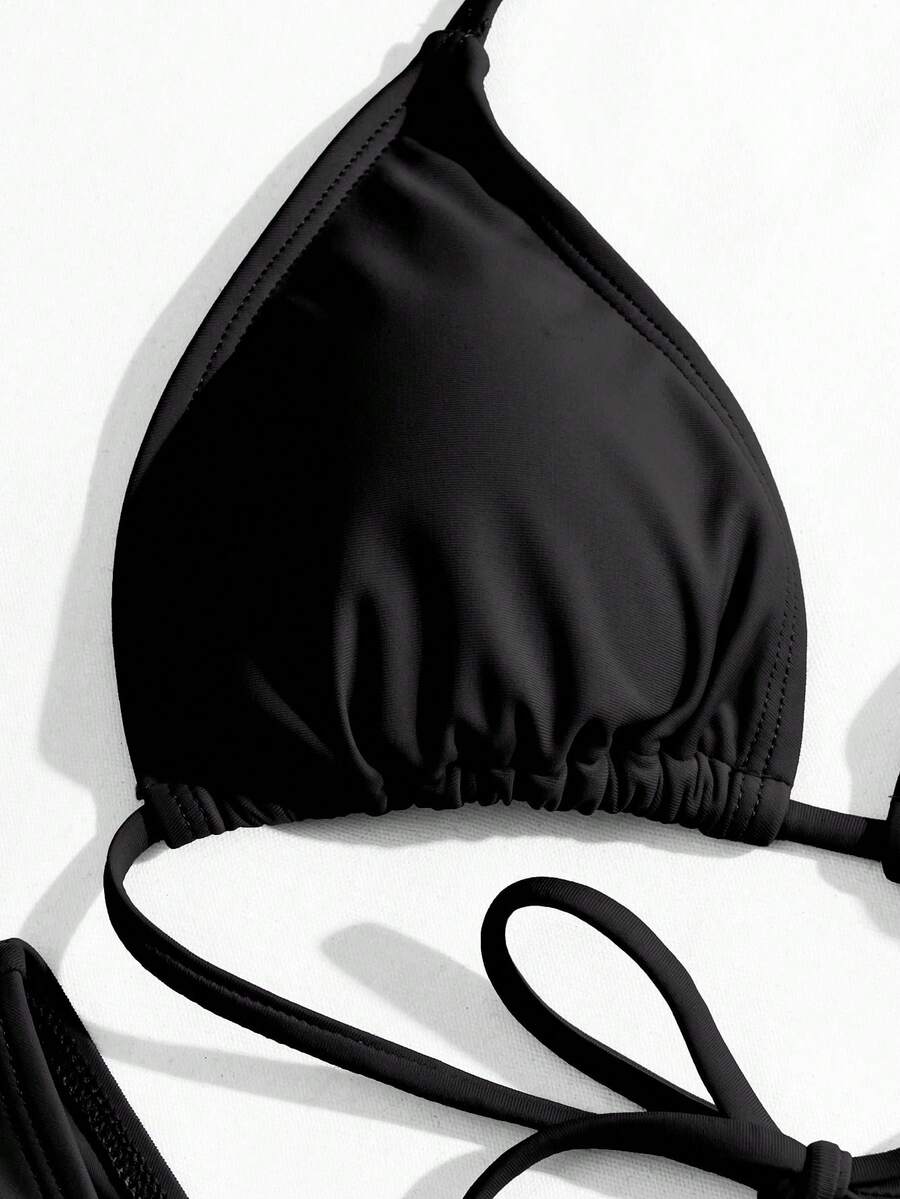 Women's Halter Triangle Bikini Set - Backless, High Waist, High Cut, Black
