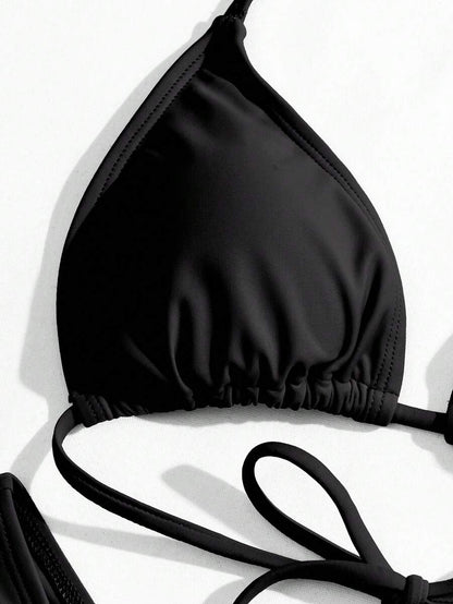 Women's Halter Triangle Bikini Set - Backless, High Waist, High Cut, Black