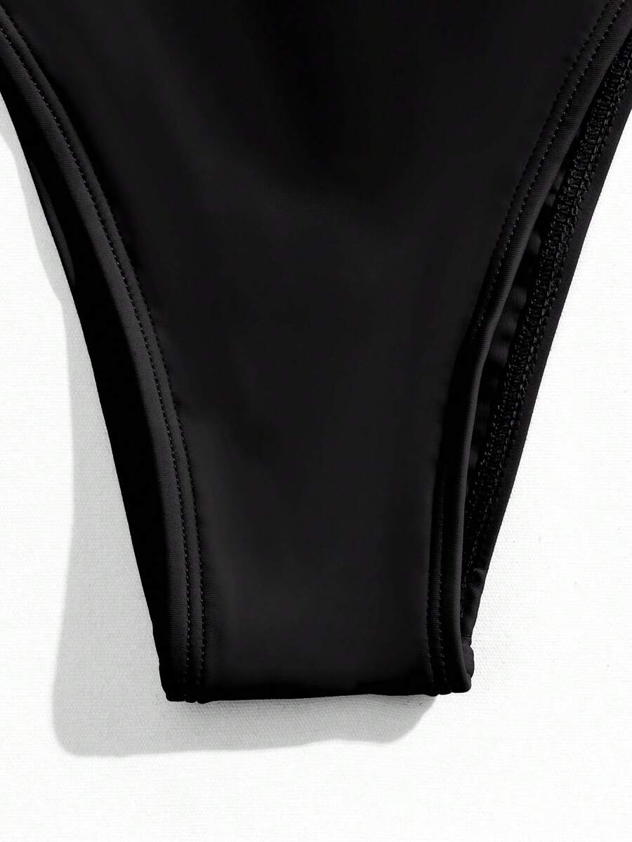 Women's Halter Triangle Bikini Set - Backless, High Waist, High Cut, Black