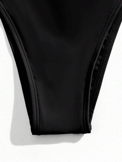 Women's Halter Triangle Bikini Set - Backless, High Waist, High Cut, Black