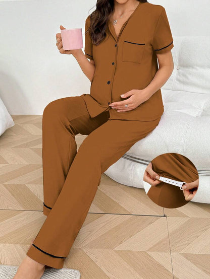 Maternity Button Front Shirt and Pants Loungewear Set Women Casual Sleepwear