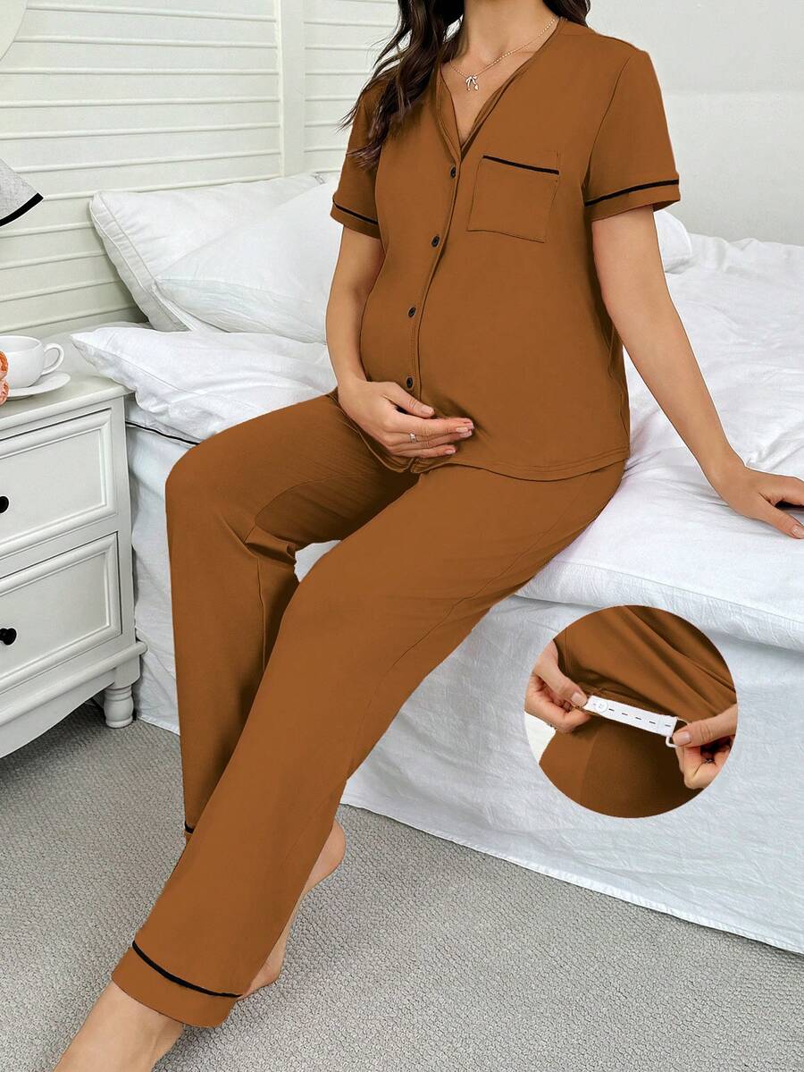 Maternity Button Front Shirt and Pants Loungewear Set Women Casual Sleepwear