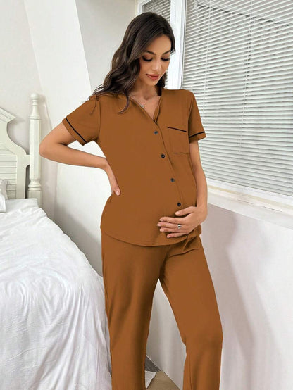 Maternity Button Front Shirt and Pants Loungewear Set Women Casual Sleepwear