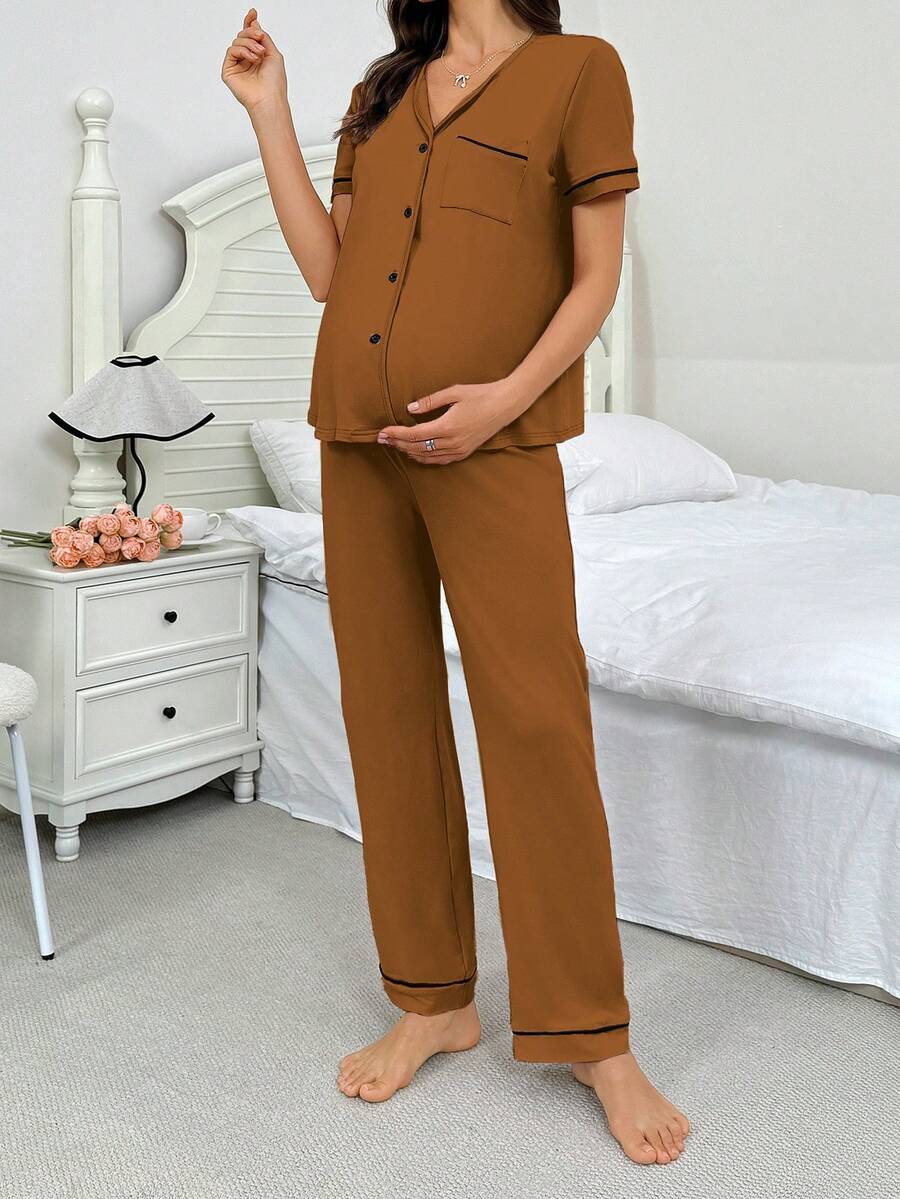 Maternity Button Front Shirt and Pants Loungewear Set Women Casual Sleepwear