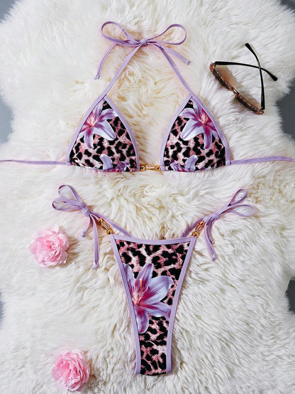 Women's 2-Piece Halter Bikini Set - Metallic Floral & Leopard Print, Triangle Cup, Baby Blue