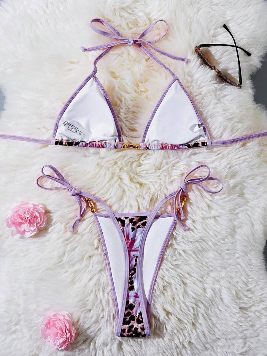 Women's 2-Piece Halter Bikini Set - Metallic Floral & Leopard Print, Triangle Cup, Baby Blue
