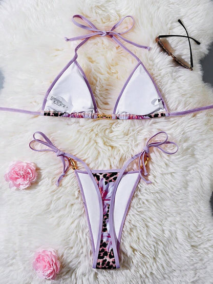 Women's 2-Piece Halter Bikini Set - Metallic Floral & Leopard Print, Triangle Cup, Baby Blue