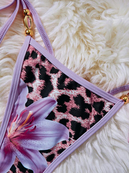 Women's 2-Piece Halter Bikini Set - Metallic Floral & Leopard Print, Triangle Cup, Baby Blue