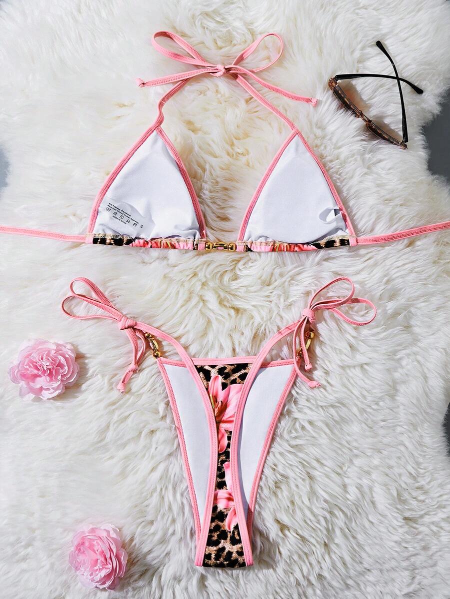 Women's 2-Piece Halter Bikini Set - Metallic Floral & Leopard Print, Triangle Cup, Baby Blue