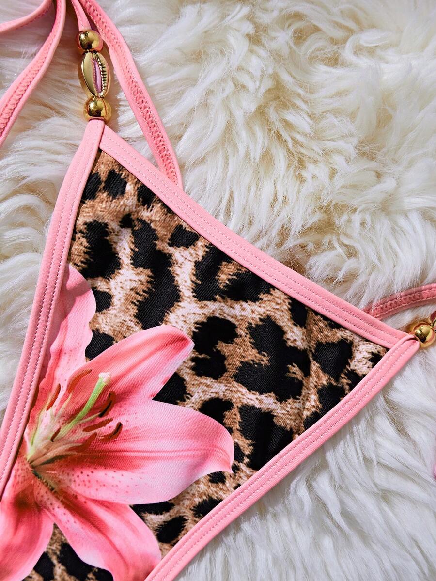 Women's 2-Piece Halter Bikini Set - Metallic Floral & Leopard Print, Triangle Cup, Baby Blue
