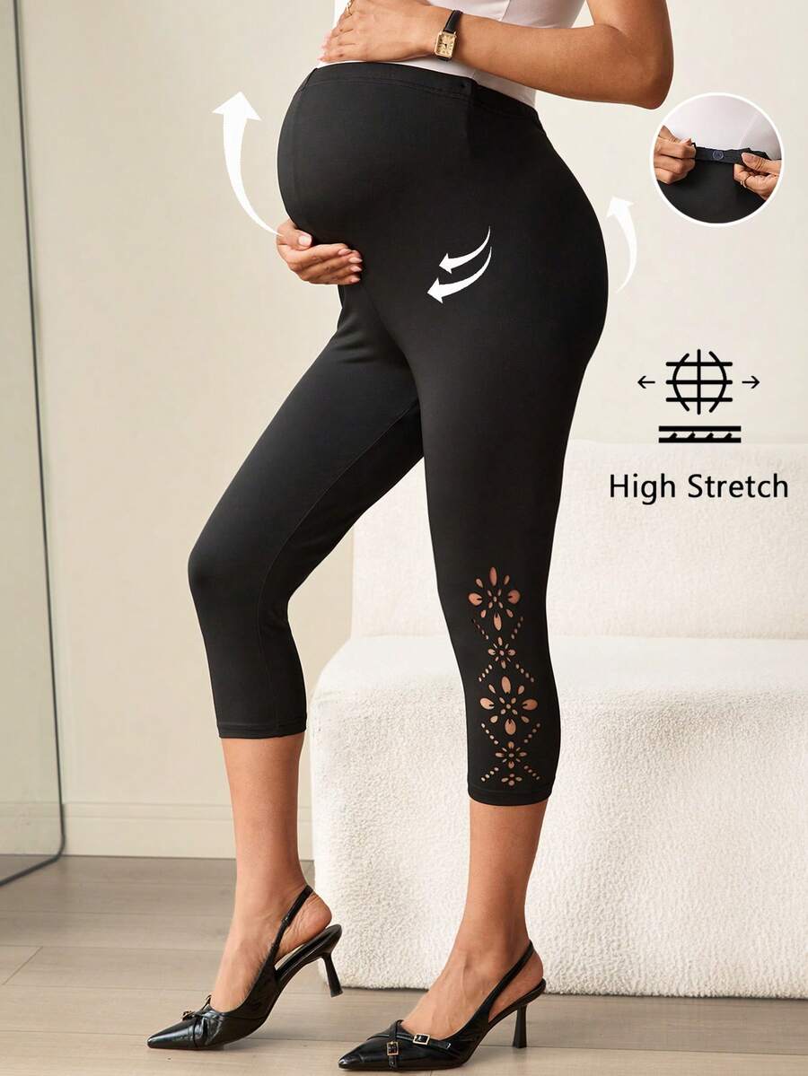 Maternity Black Capri Leggings with Floral Hem High Waist Adjustable Belly Support Stretchy Maternity Work Outfits for Commuting