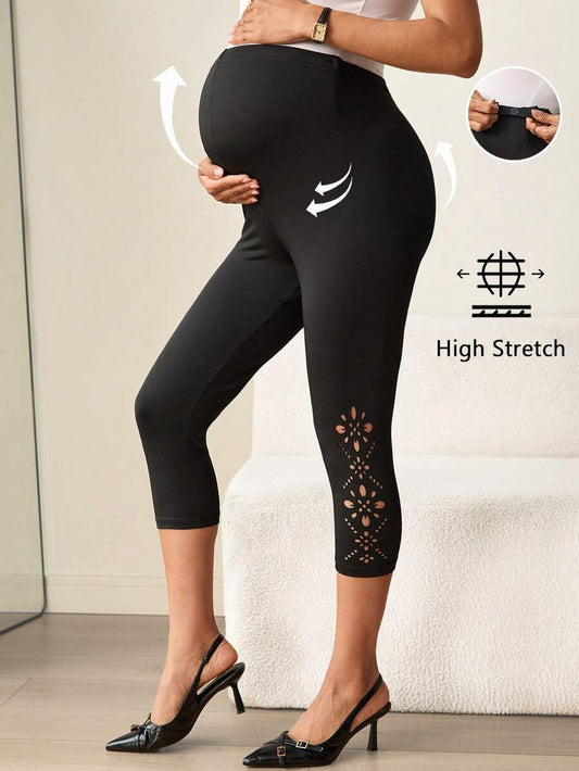 Maternity Black Capri Leggings with Floral Hem High Waist Adjustable Belly Support Stretchy Maternity Work Outfits for Commuting