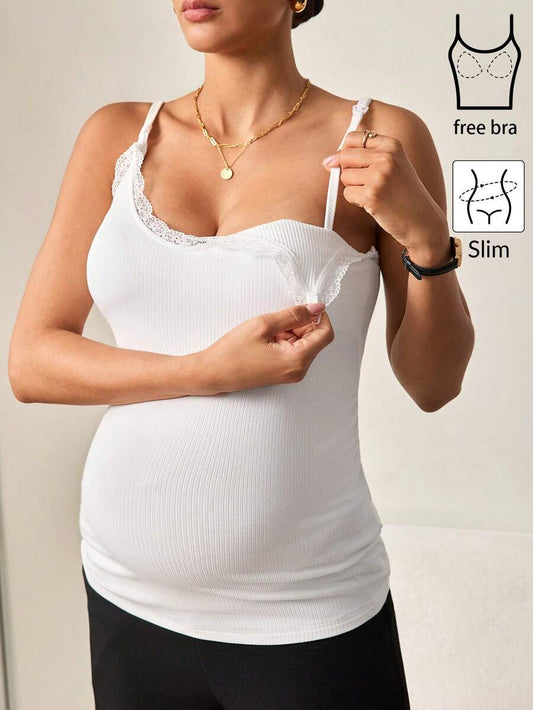 Maternity White Spaghetti Strap Top with Contrast Lace Trim Slim Fit High Stretch Sleeveless Nursing Friendly Cami for Work or Beach