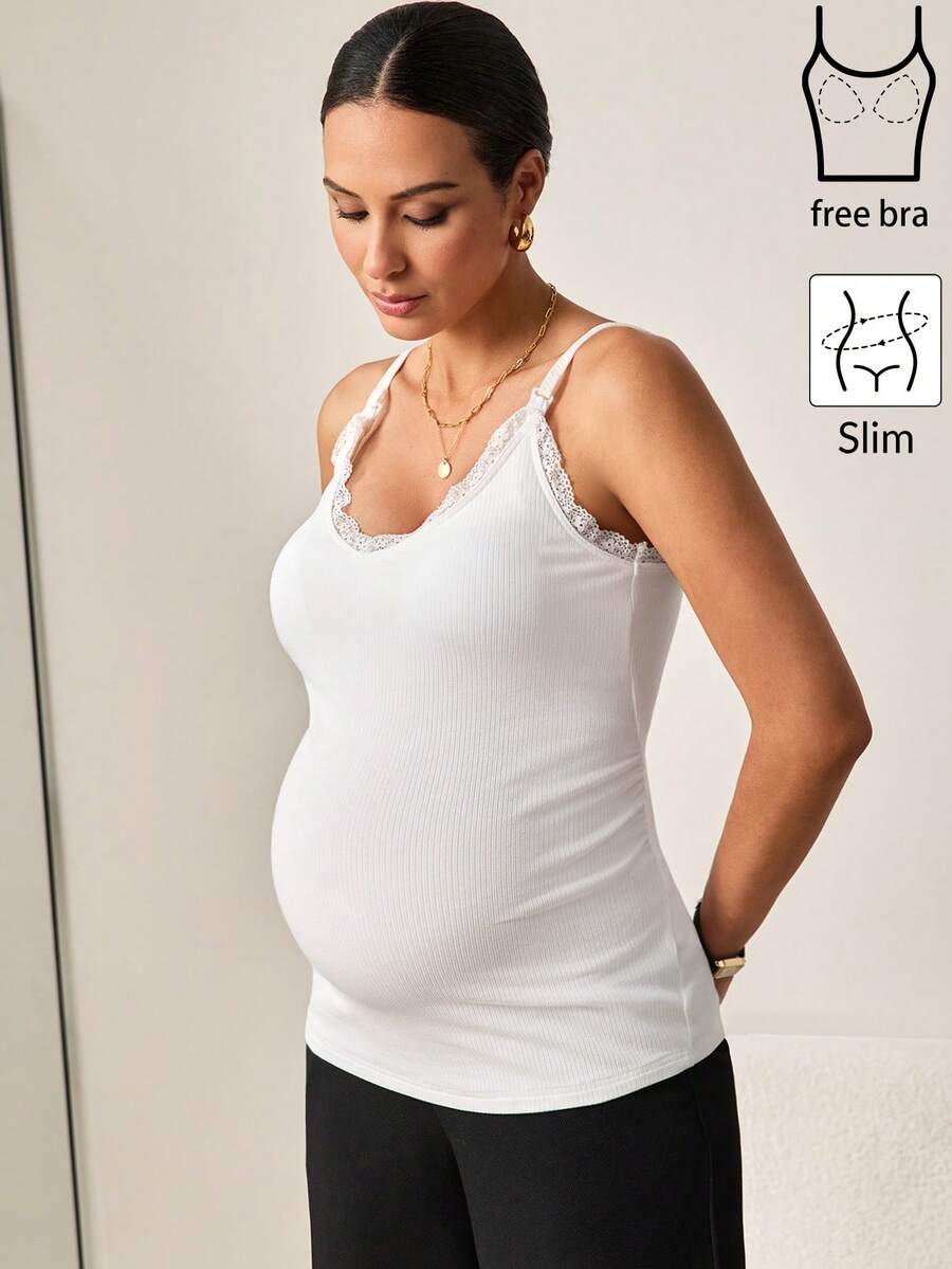Maternity White Spaghetti Strap Top with Contrast Lace Trim Slim Fit High Stretch Sleeveless Nursing Friendly Cami for Work or Beach