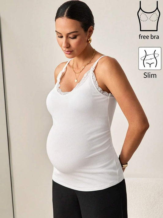 Maternity White Spaghetti Strap Top with Contrast Lace Trim Slim Fit High Stretch Sleeveless Nursing Friendly Cami for Work or Beach