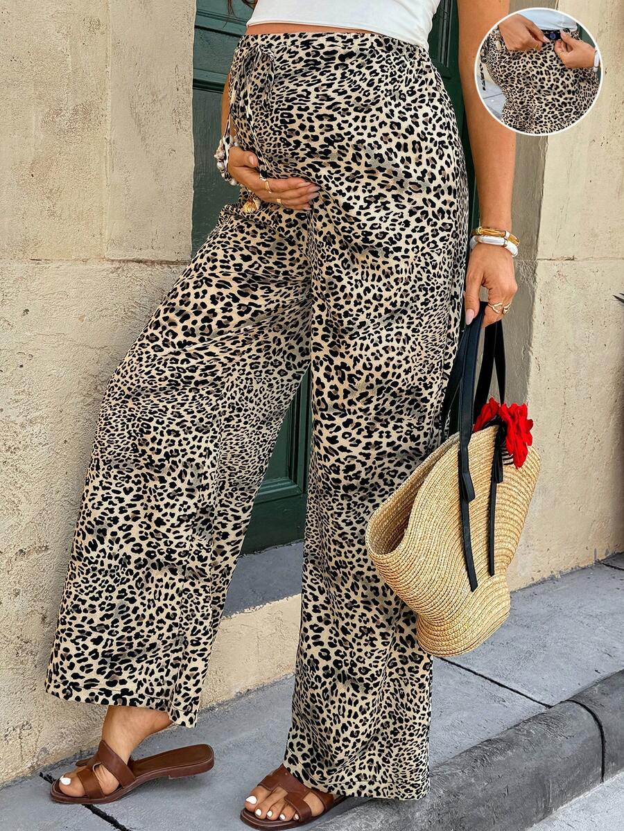 Brown Leopard Print Wide Leg Maternity Pants - Ultra High Waist Adjustable Drawstring Trousers - Loose Fit Casual Summer Holiday Outfit